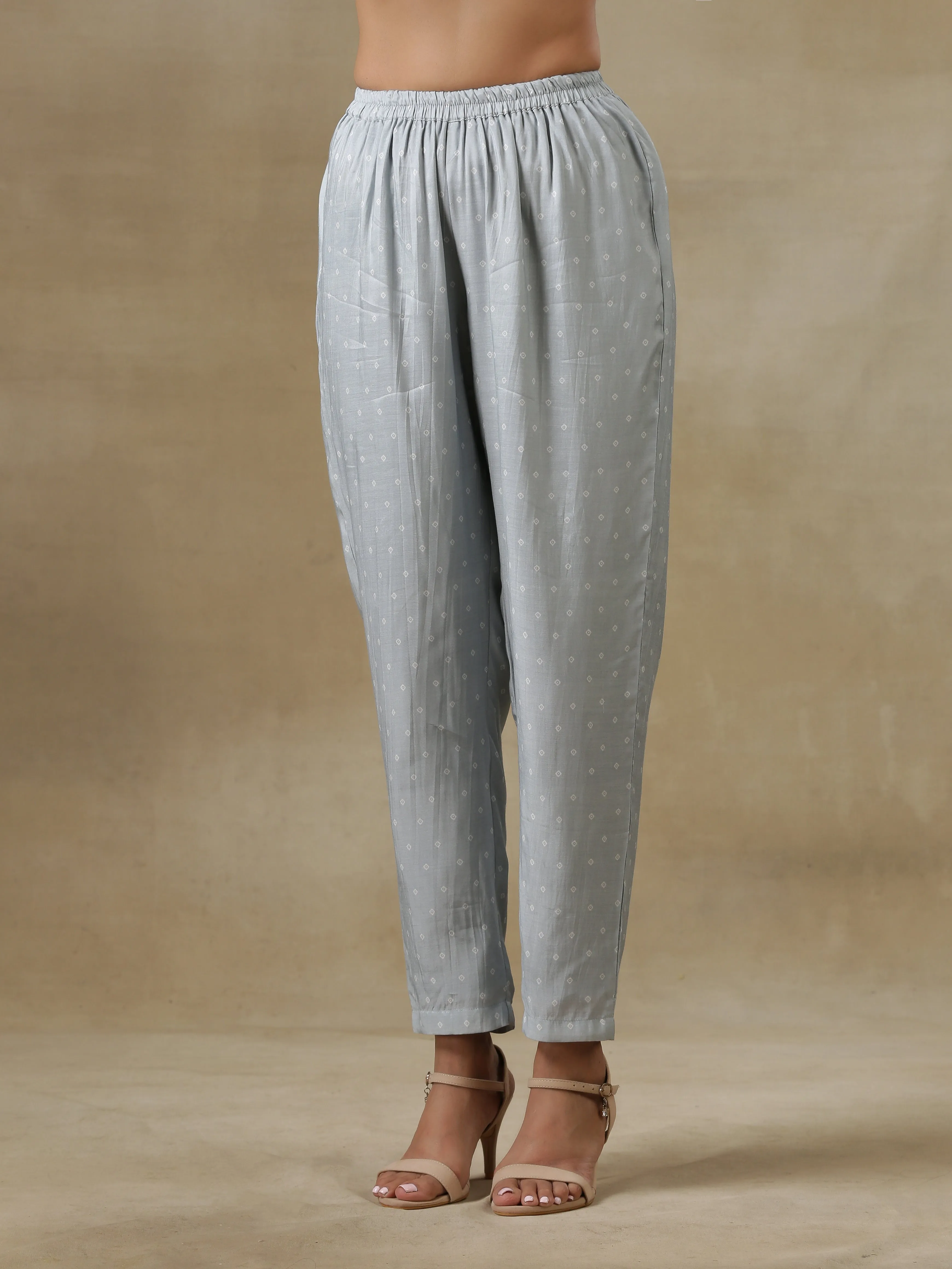 Grey Bandhani Printed Silk One-Shoulder Kurta Pant Set