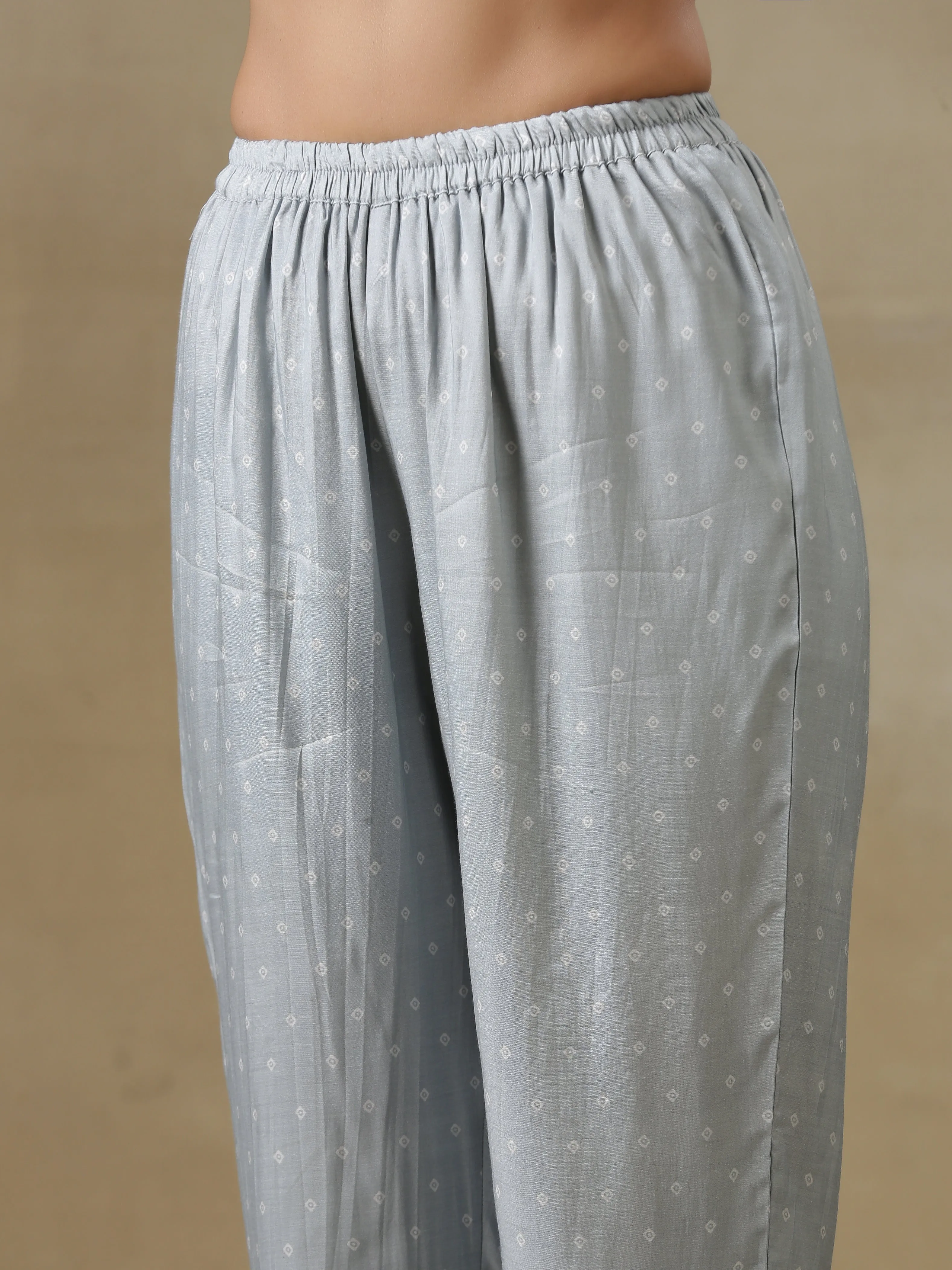 Grey Bandhani Printed Silk One-Shoulder Kurta Pant Set