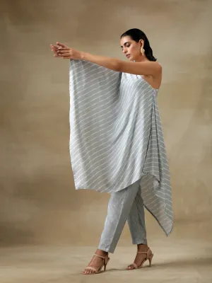 Grey Bandhani Printed Silk One-Shoulder Kurta Pant Set