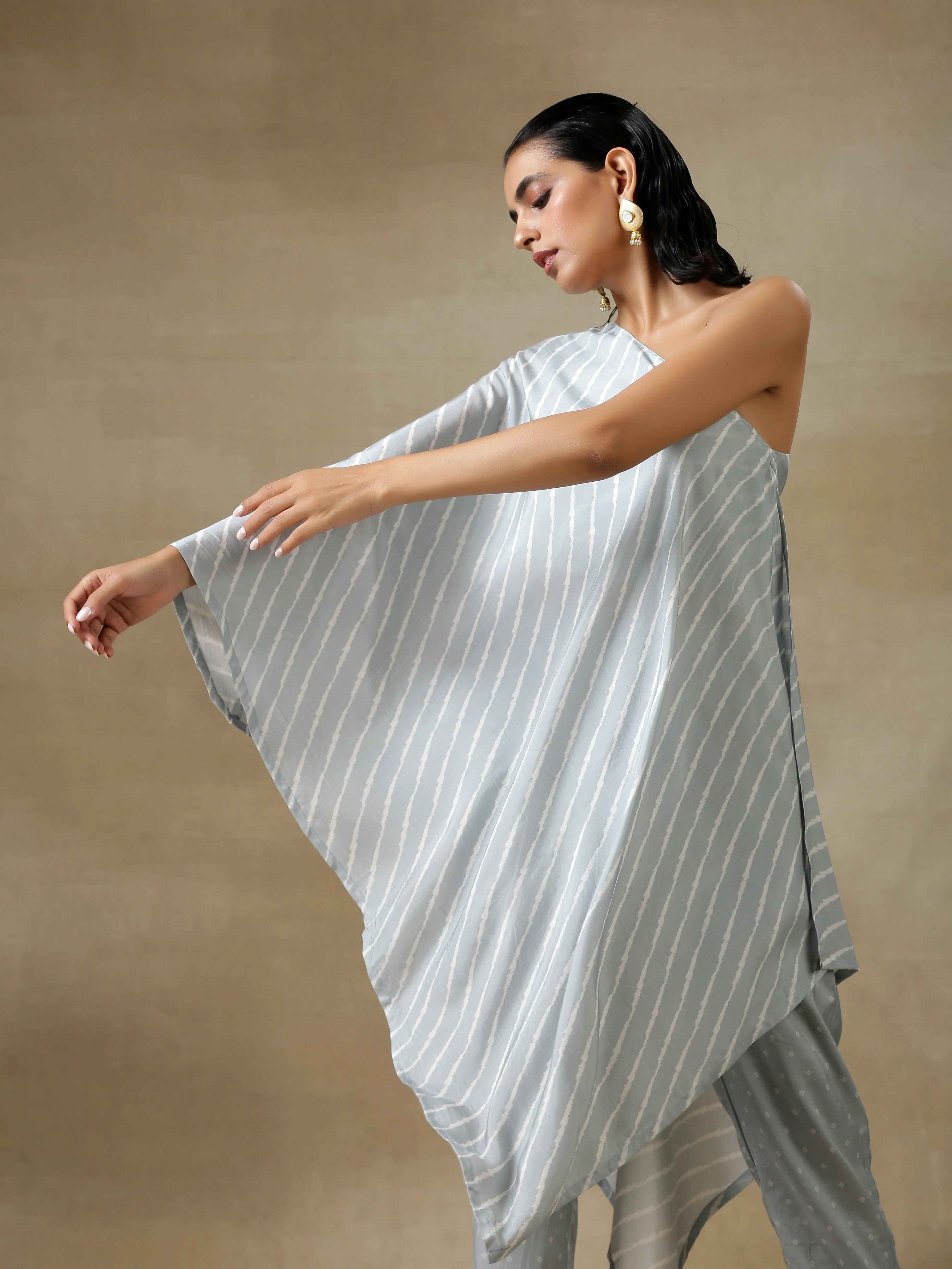 Grey Bandhani Printed Silk One-Shoulder Kurta Pant Set