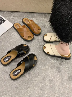 Hollow Round-Toe Split-Joint Slippers&Mules