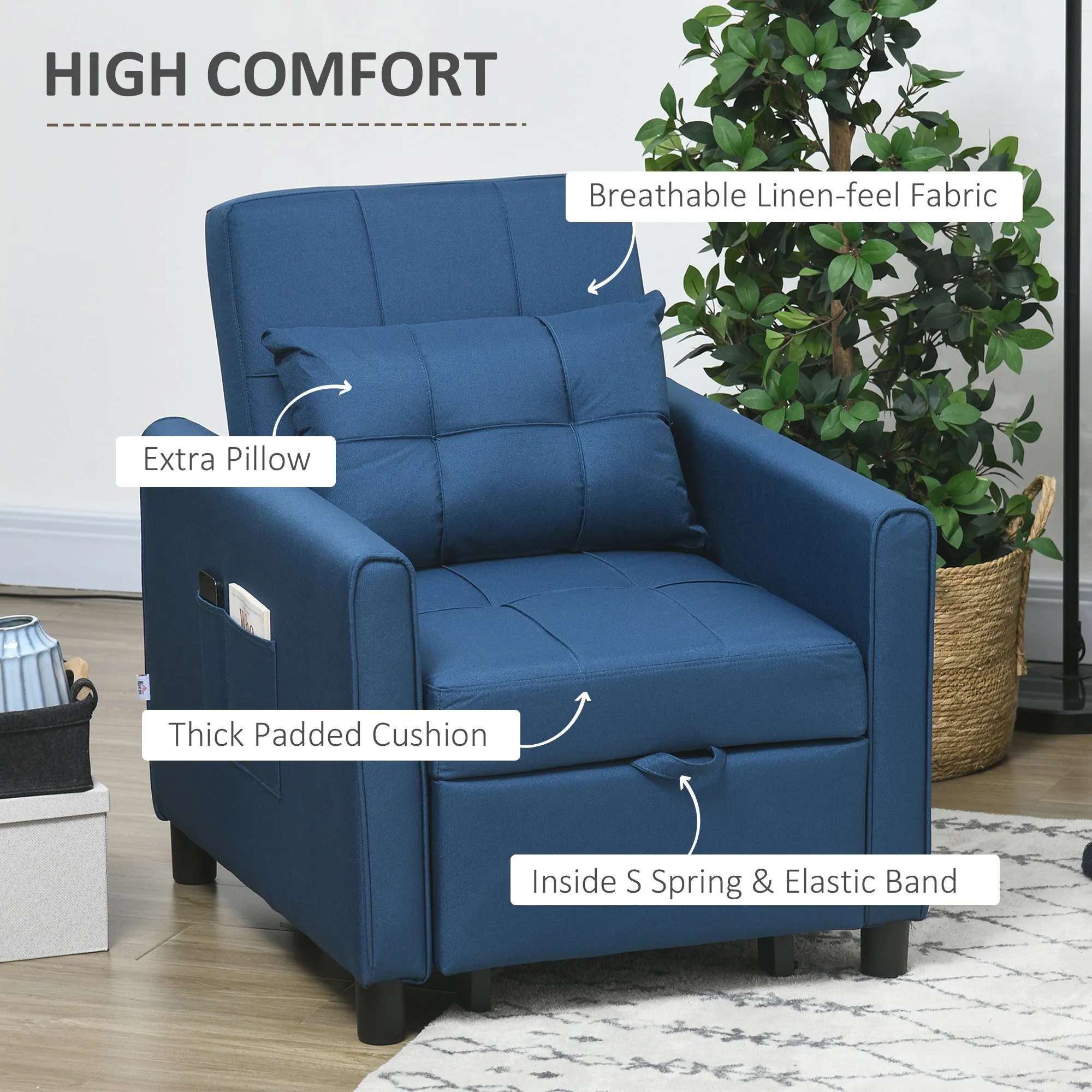 HOMCOM 3 In 1 Pull Out Chair Bed, Convertible Sleeper Chair with Adjustable Backrest, Pillow, Side Pockets for Home Office, Bedroom, Living Room, Blue