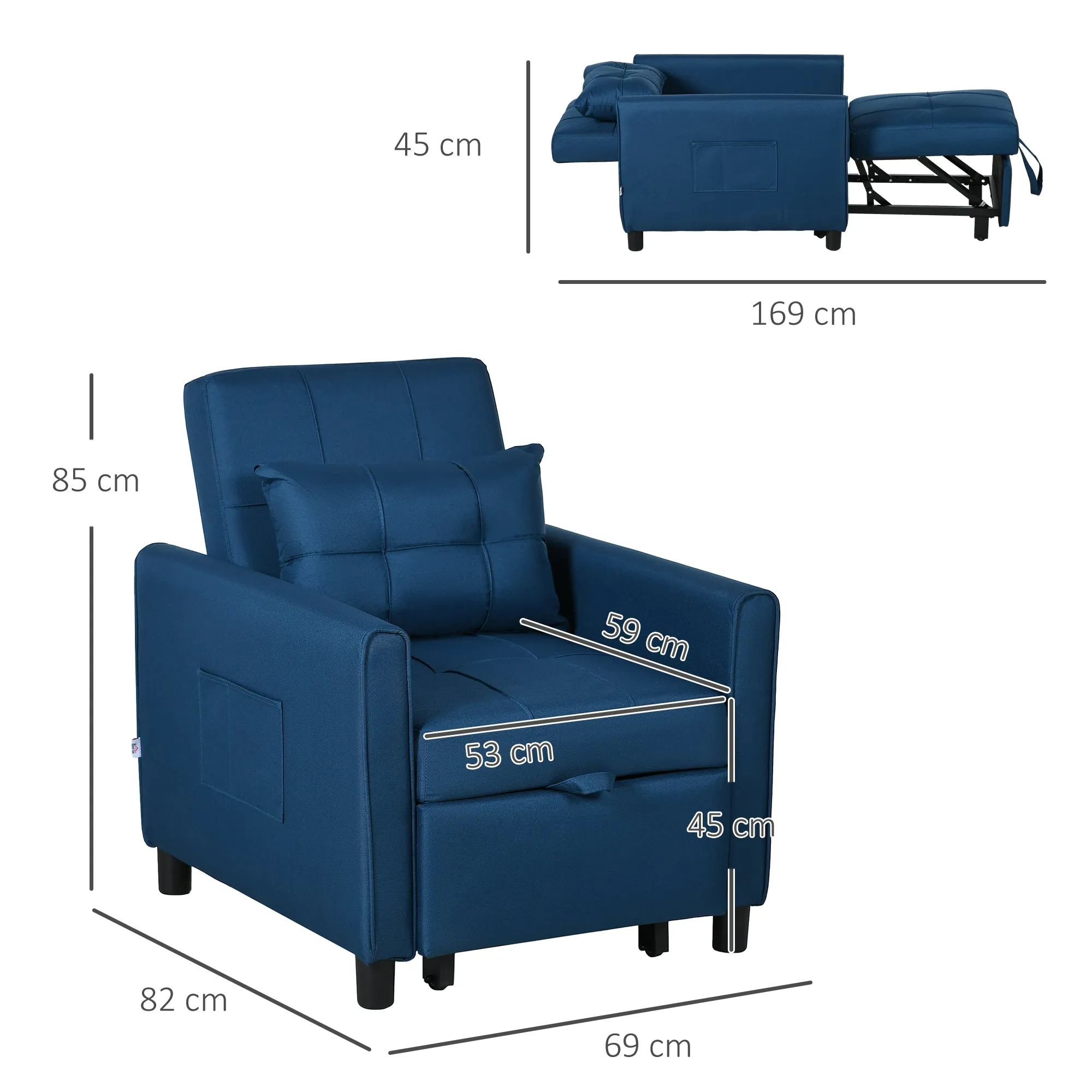 HOMCOM 3 In 1 Pull Out Chair Bed, Convertible Sleeper Chair with Adjustable Backrest, Pillow, Side Pockets for Home Office, Bedroom, Living Room, Blue