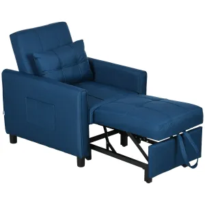 HOMCOM 3 In 1 Pull Out Chair Bed, Convertible Sleeper Chair with Adjustable Backrest, Pillow, Side Pockets for Home Office, Bedroom, Living Room, Blue