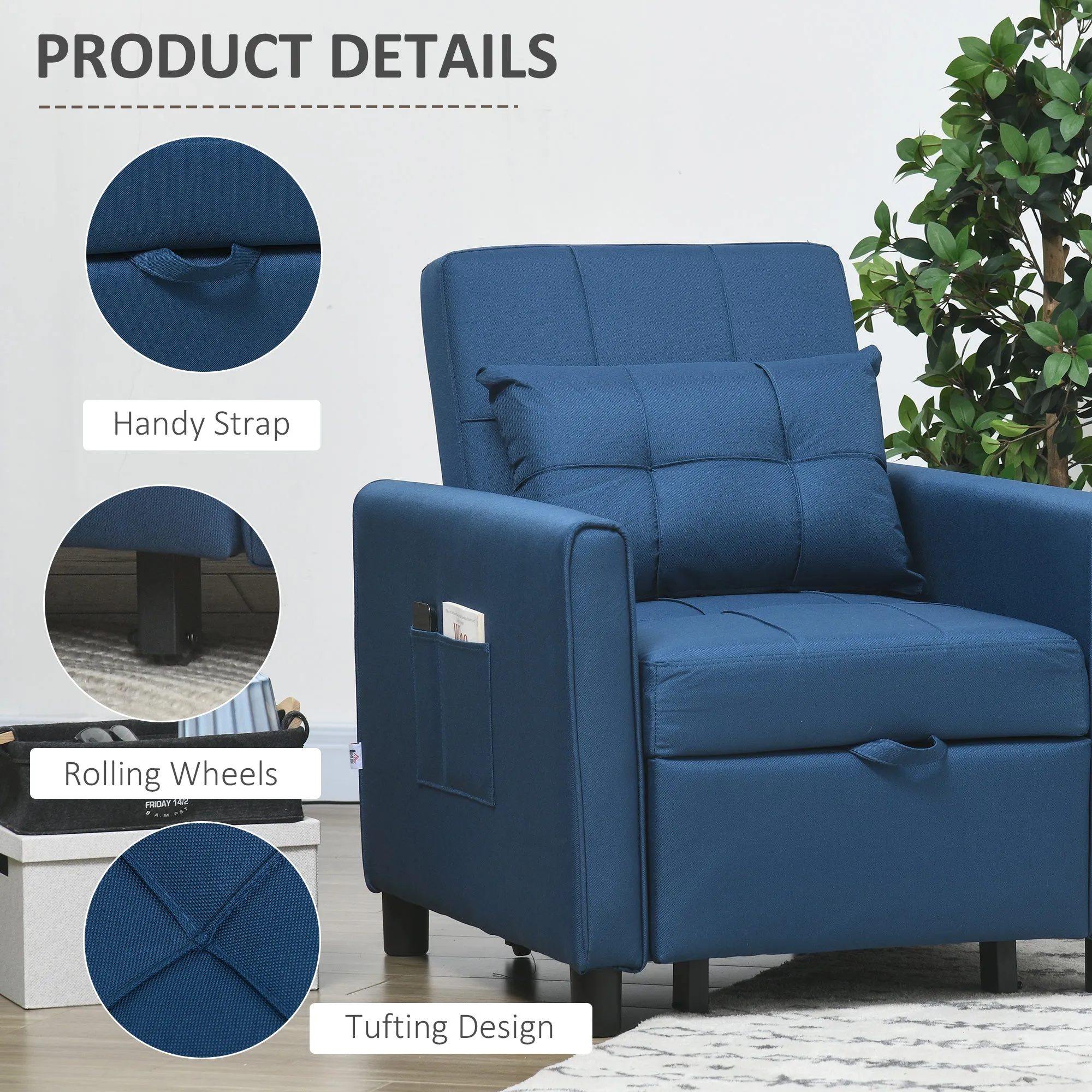 HOMCOM 3 In 1 Pull Out Chair Bed, Convertible Sleeper Chair with Adjustable Backrest, Pillow, Side Pockets for Home Office, Bedroom, Living Room, Blue
