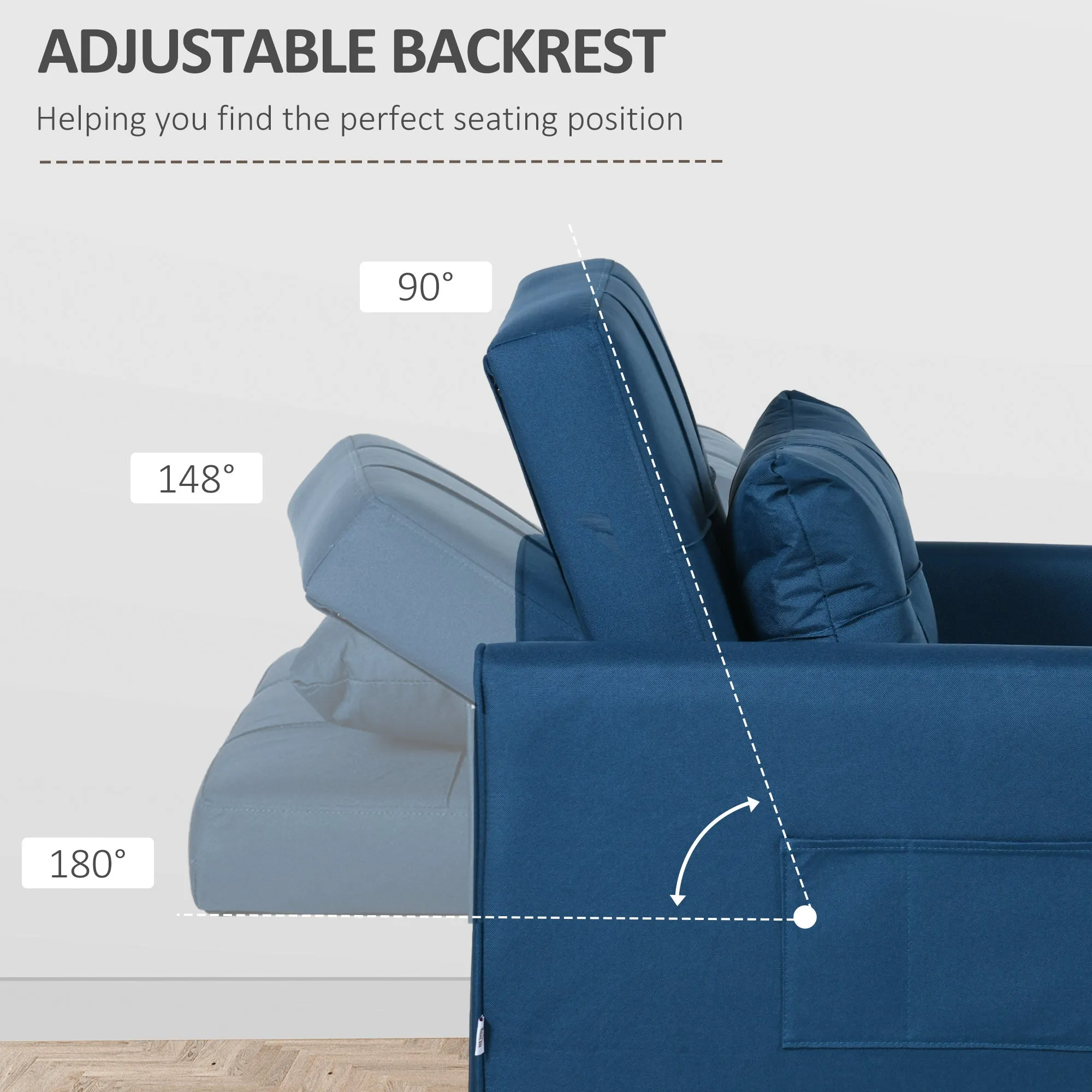 HOMCOM 3 In 1 Pull Out Chair Bed, Convertible Sleeper Chair with Adjustable Backrest, Pillow, Side Pockets for Home Office, Bedroom, Living Room, Blue