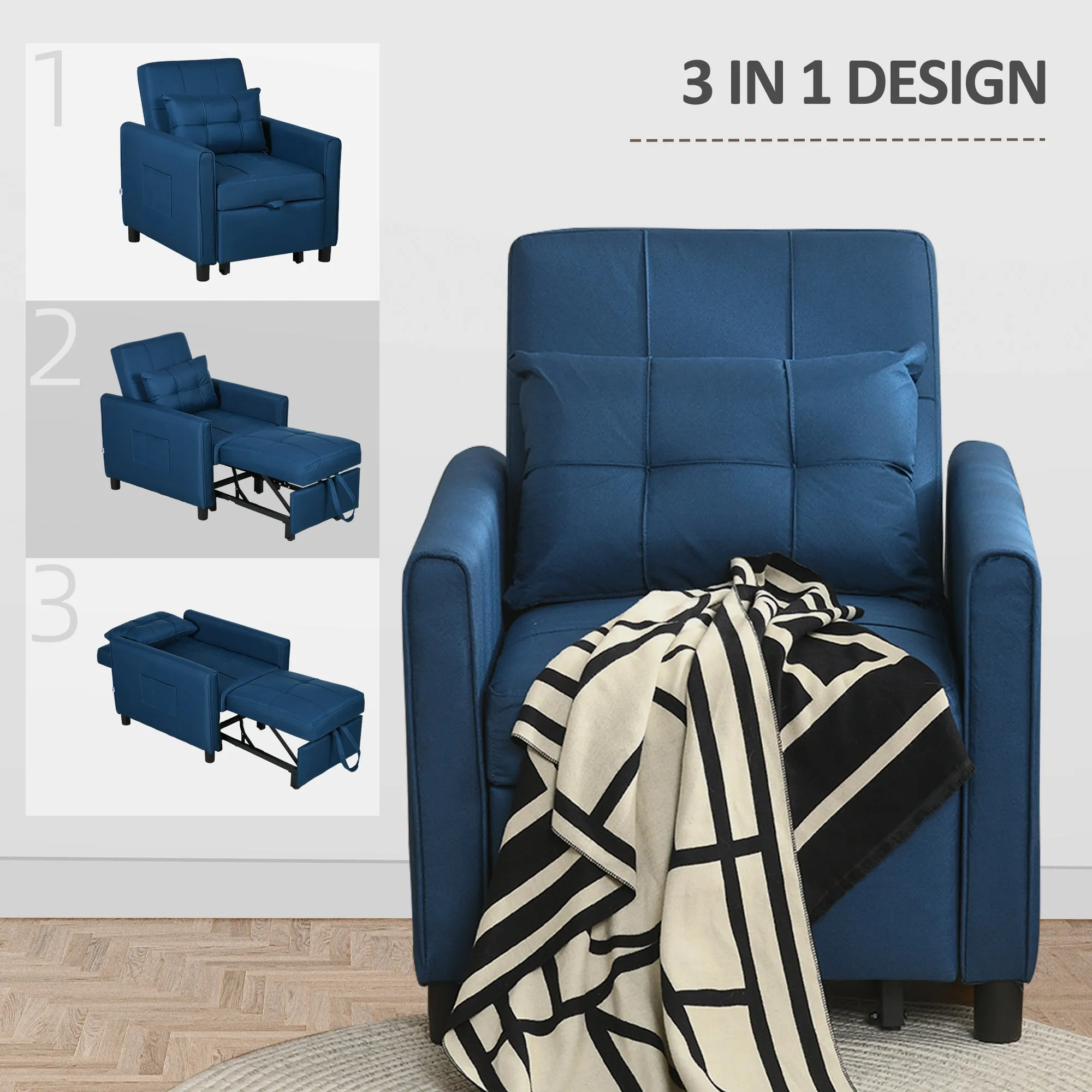 HOMCOM 3 In 1 Pull Out Chair Bed, Convertible Sleeper Chair with Adjustable Backrest, Pillow, Side Pockets for Home Office, Bedroom, Living Room, Blue