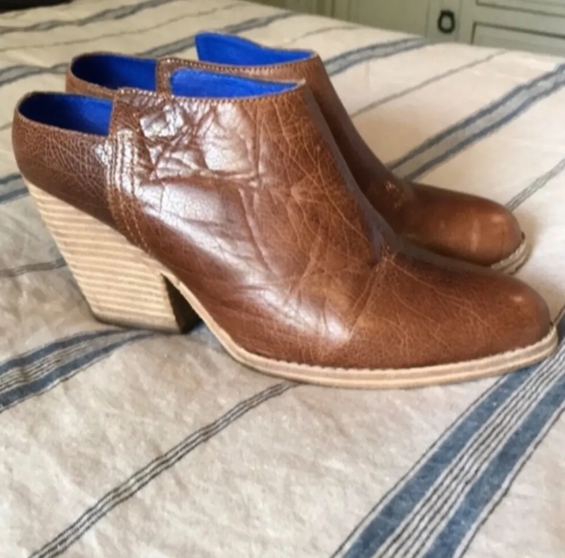 JEFFREY CAMPBELL Ankle Boots Size 9 Ibiza Last Vinton Brown Leather Stack Heel Mules Short Booties Sz. 9