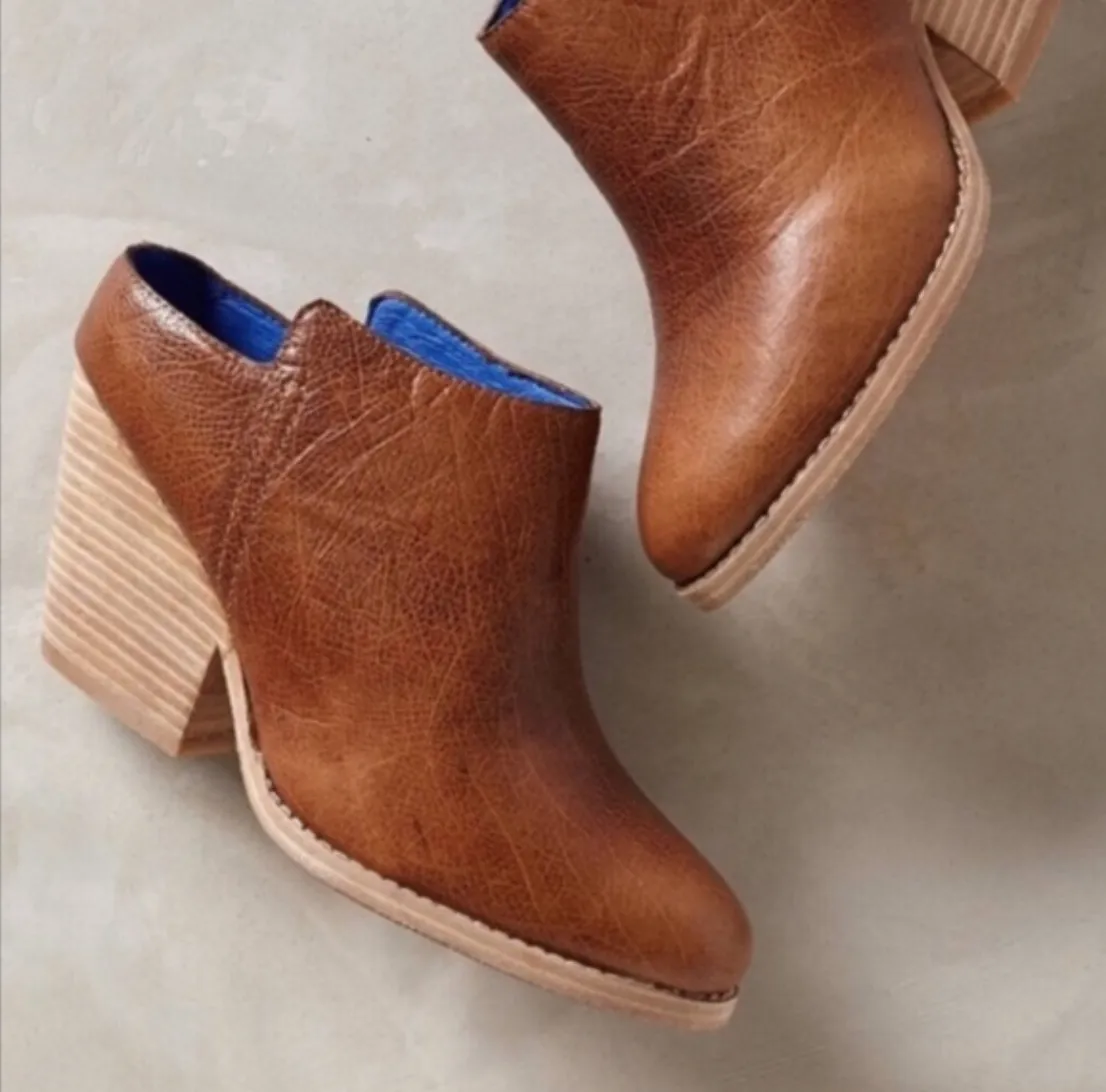 JEFFREY CAMPBELL Ankle Boots Size 9 Ibiza Last Vinton Brown Leather Stack Heel Mules Short Booties Sz. 9