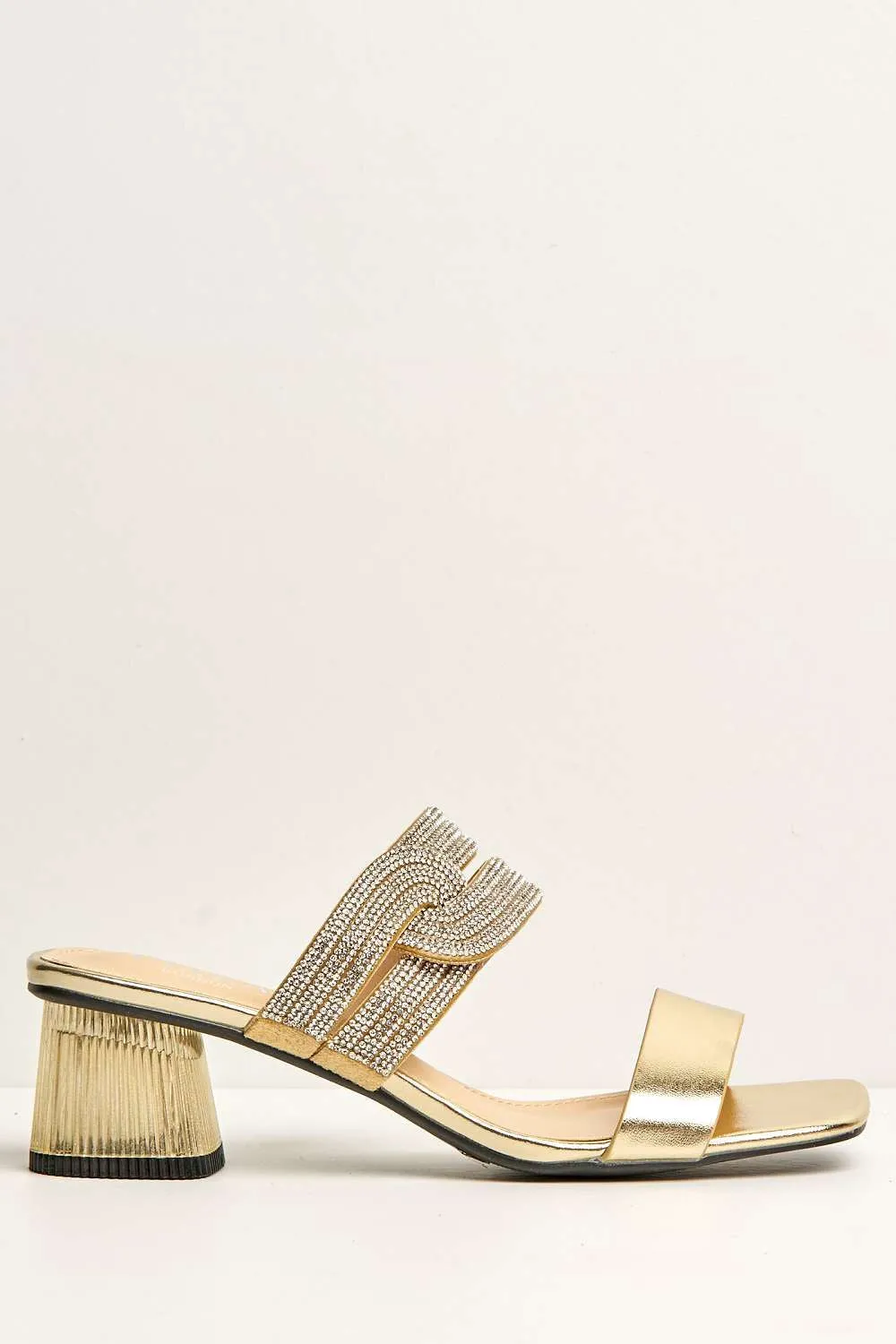 Lina Twist Diamante Band Slip On Block Heel Mule in Gold