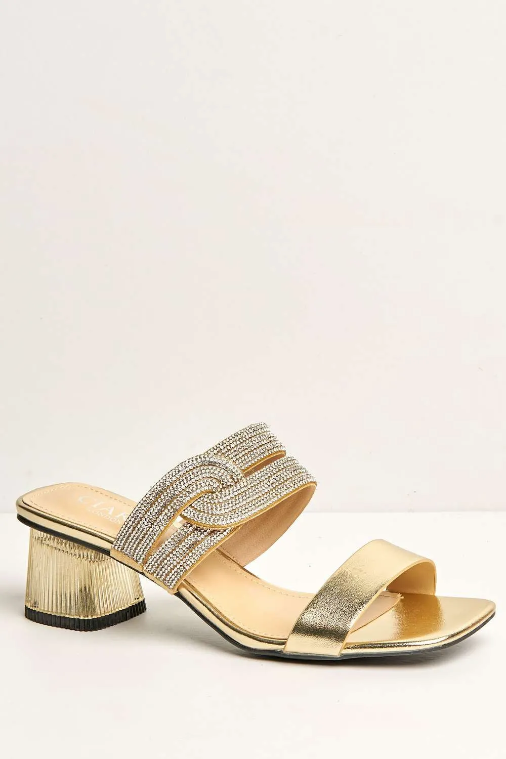 Lina Twist Diamante Band Slip On Block Heel Mule in Gold