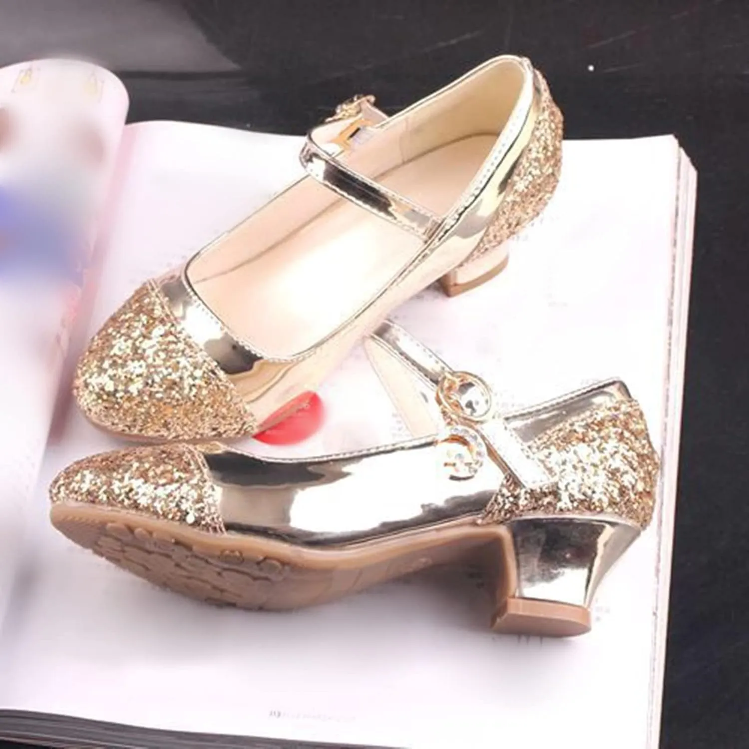 Mary Jane Shoes with Low Heel hinestones Princess Flower Girls Wedding Flat Dress Shoes for Little Kid/Big Kid