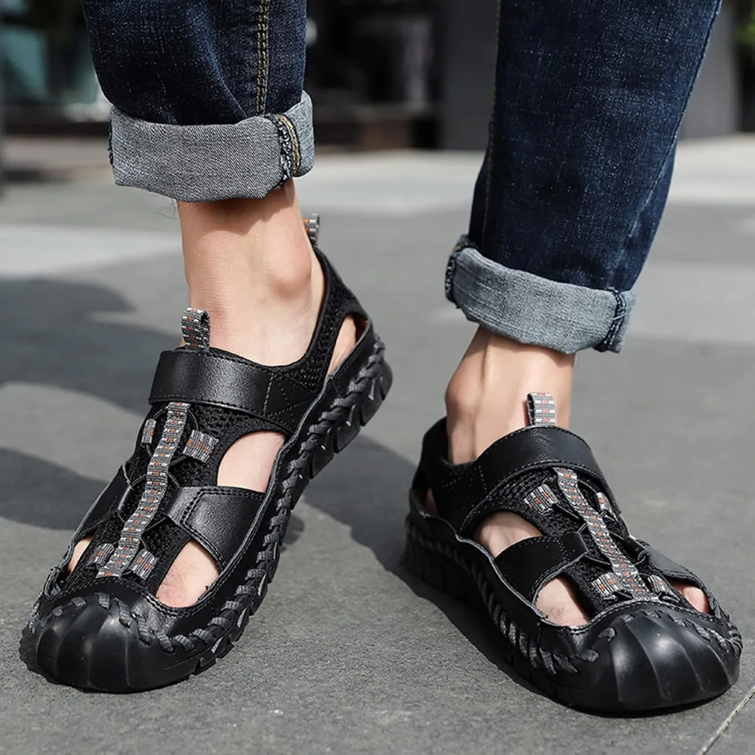Men's Sandals, Summer Leather Fisherman Beach Shoes Closed Toe Sandals for Men Handmade Breathable Water Sandals Outdoor Non Slip Walking Shoes Anti Collision Comfort Hiking Athletic Slides Sandals