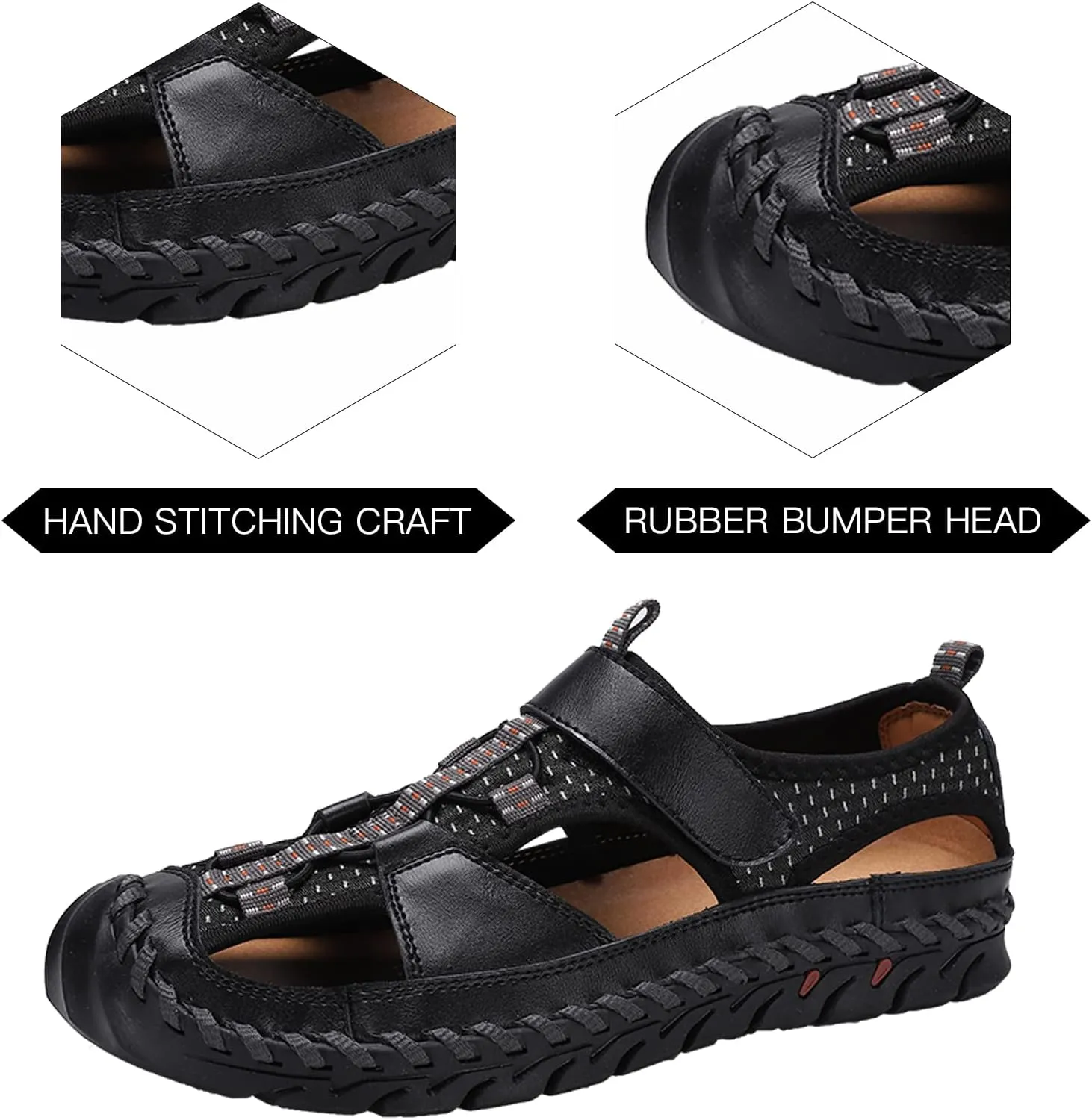 Men's Sandals, Summer Leather Fisherman Beach Shoes Closed Toe Sandals for Men Handmade Breathable Water Sandals Outdoor Non Slip Walking Shoes Anti Collision Comfort Hiking Athletic Slides Sandals