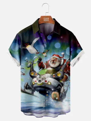 Men's Santa on a Futuristic Snowmobile with Flying Penguins Short Sleeve Shirt
