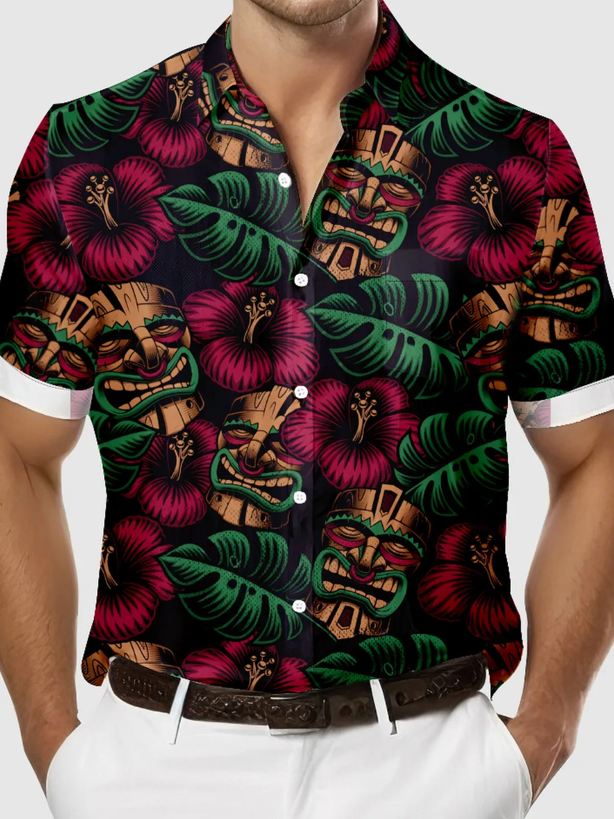Men's Tiki Floral and Palm Leaves Short Sleeve Shirt