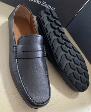 New $625 Ermenegildo Zegna Men Leather Driver Loafers Shoes Black 10.5 US Italy