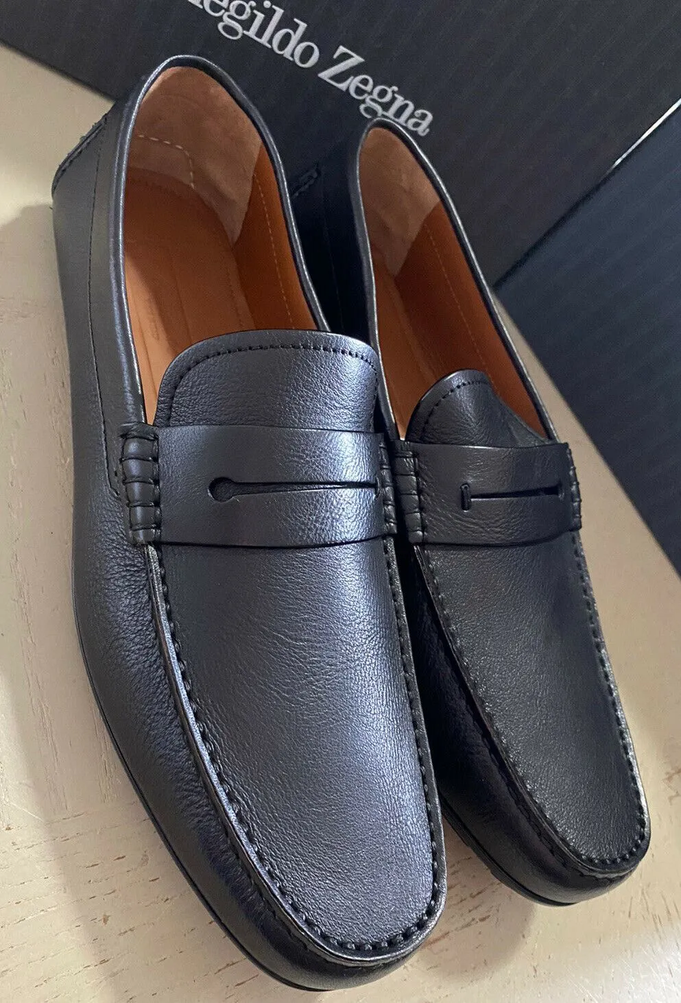 New $625 Ermenegildo Zegna Men Leather Driver Loafers Shoes Black 10.5 US Italy