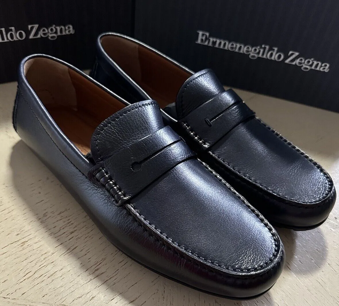 New $660 Ermenegildo Zegna Leather Driver Loafers Shoes Navy/Blue 10.5 US