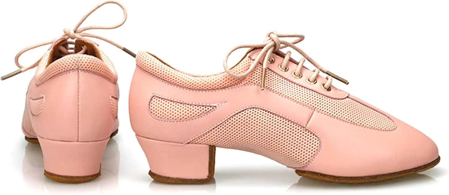 ONAIC Women's Ballroom Dance Shoes Lace-Up Modern Sneakers Leather Mesh Platform Walking Dance Shoes 5.5CM Heel