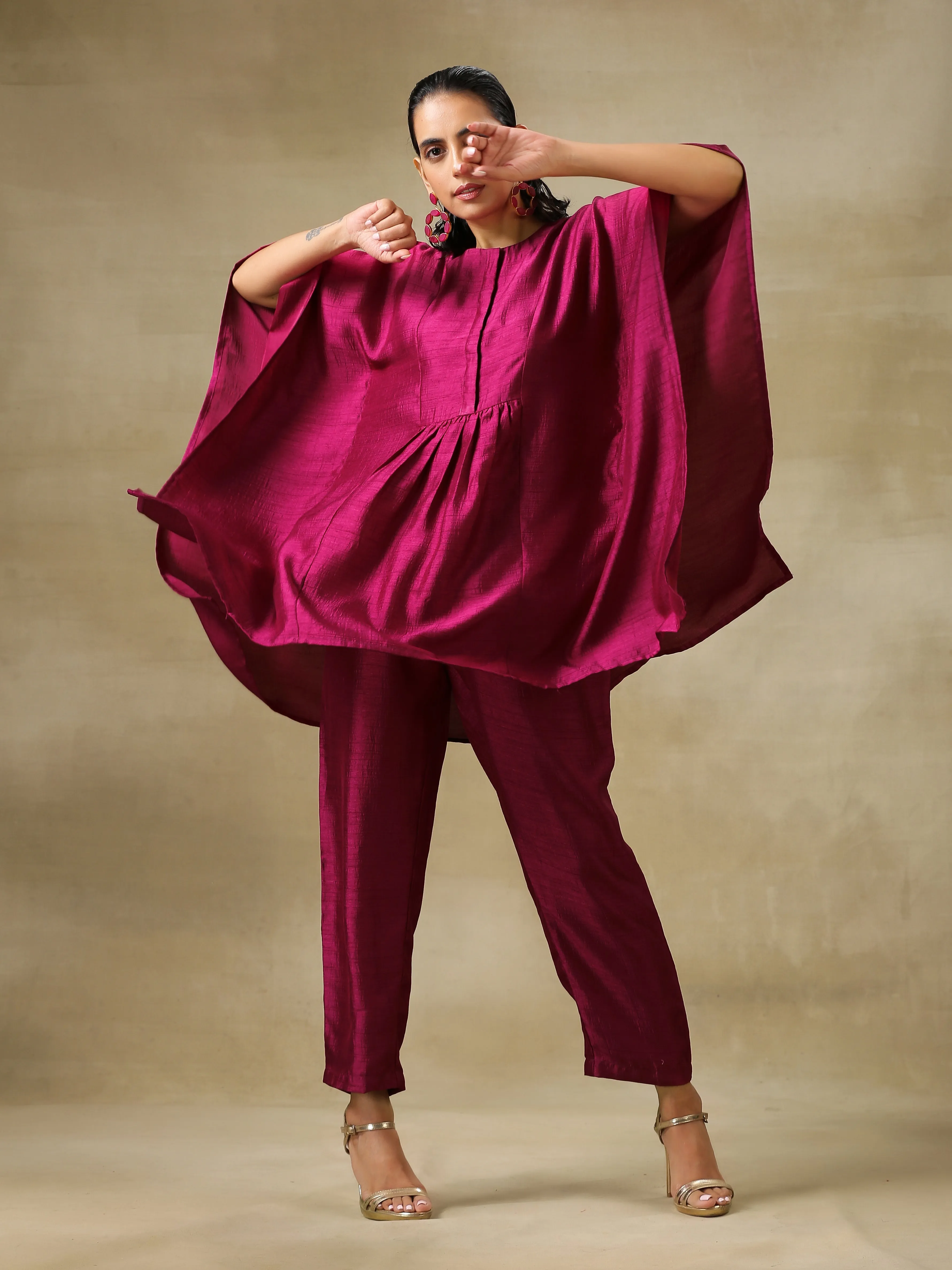 Purple Textured Silk Gathered Kaftan Co-Ord Set | Relove