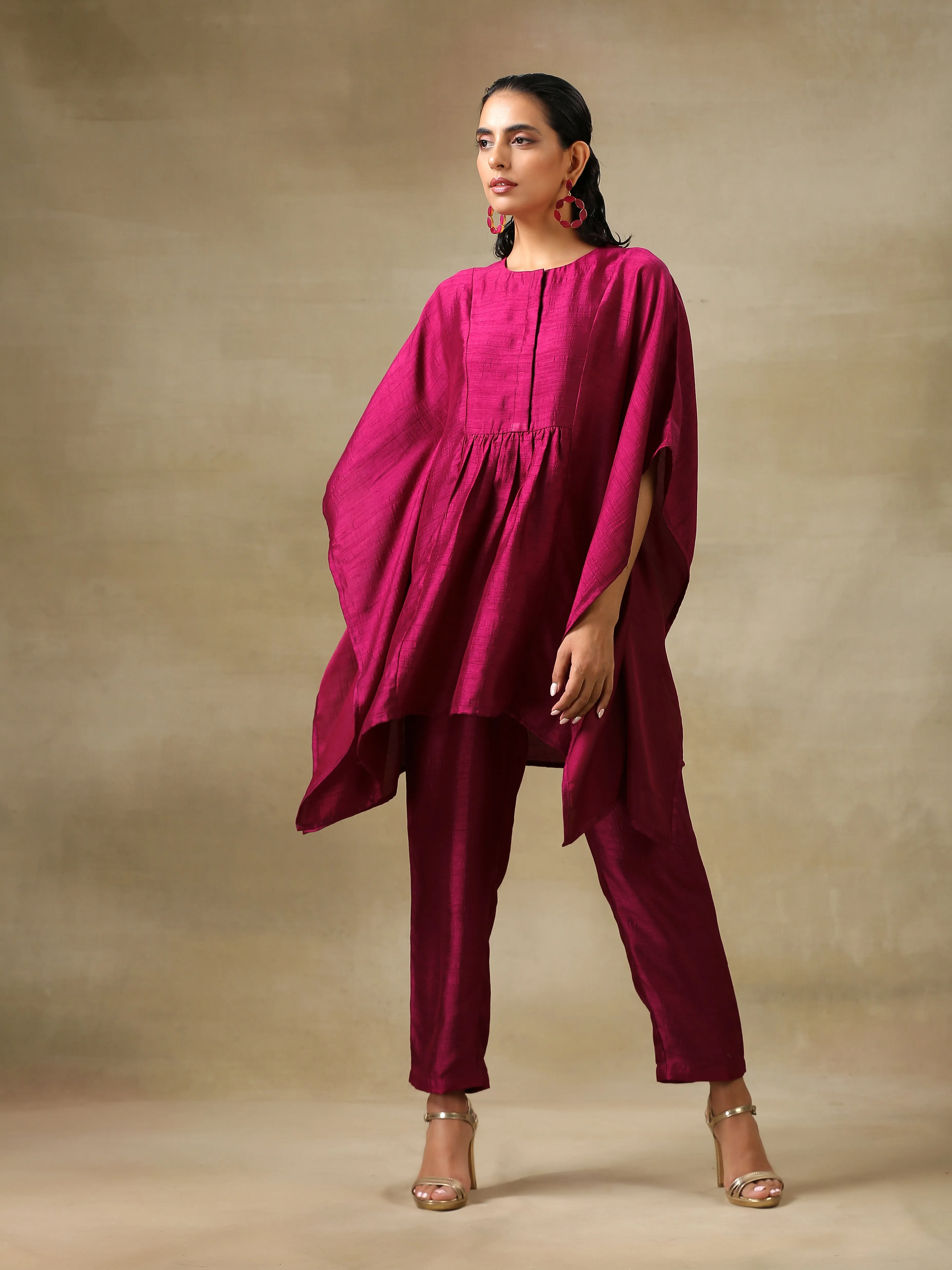 Purple Textured Silk Gathered Kaftan Co-Ord Set | Relove