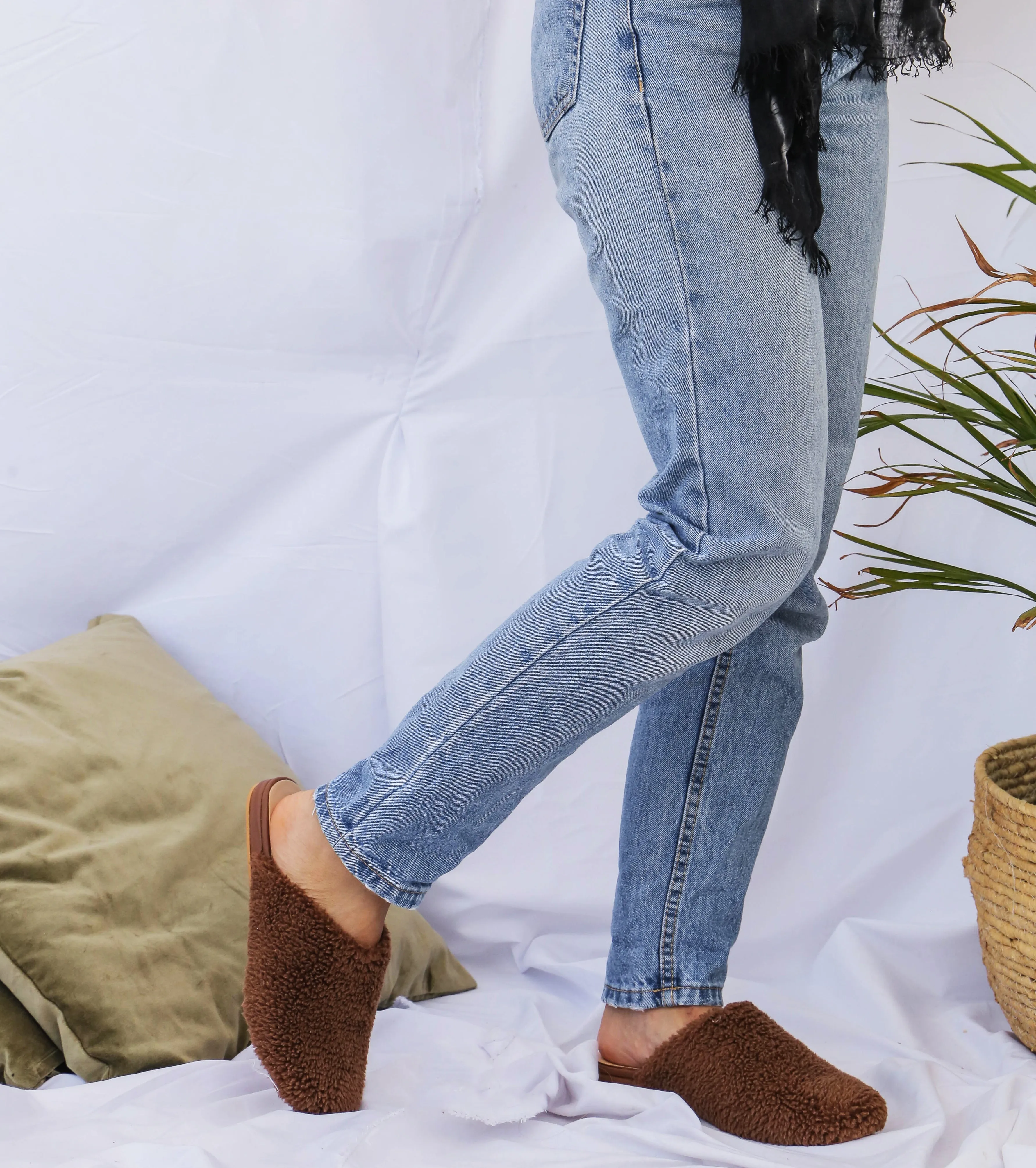 shearling mules brown