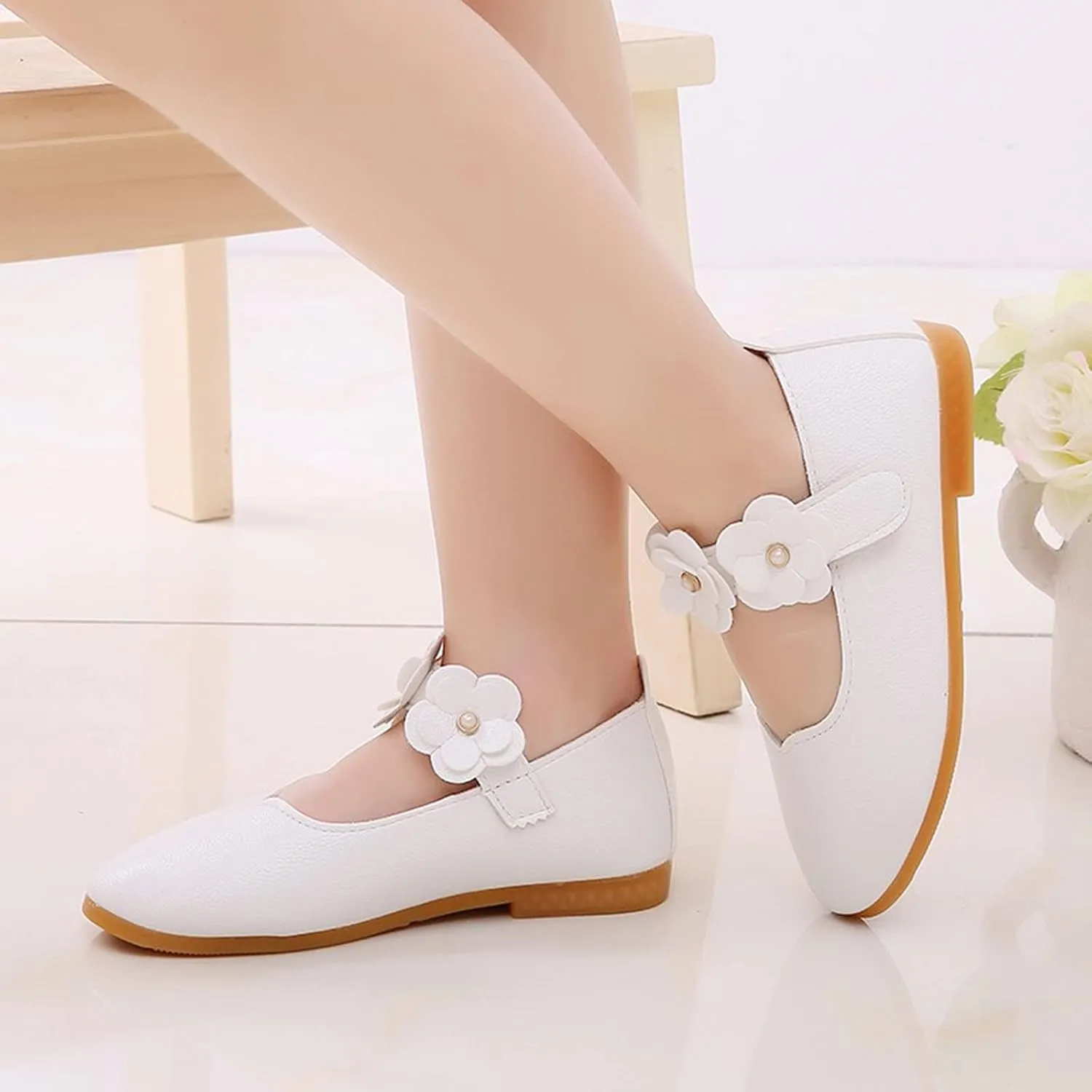 Toddler/Little Girls Mary Jane Ballerina Flat Flower Girl Non-Slip Soft Slip On Princess Dress Shoes for Wedding