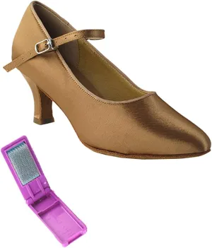 Very Fine Dance Shoes - Ladies Standard, Smooth Ballroom Dance Shoes - SERA5522-2.5-inch Heel and Foldable Brush Bundle - Brown Satin - 4.5