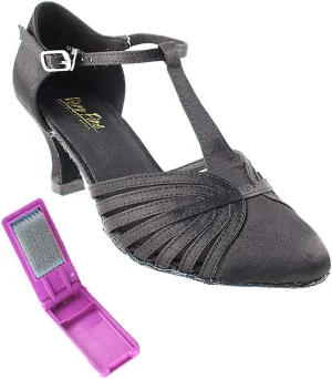 Very Fine Dance Shoes - Ladies Standard, Smooth, Waltz Ballroom Dance Shoes - 6829-2.5-inch Heel and Foldable Brush Bundle - Black Satin - 10