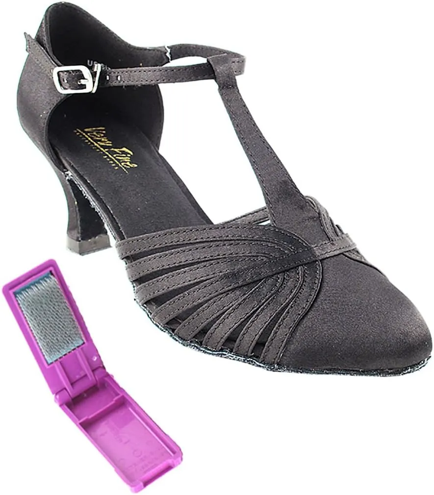 Very Fine Dance Shoes - Ladies Standard, Smooth, Waltz Ballroom Dance Shoes - 6829-2.5-inch Heel and Foldable Brush Bundle - Black Satin - 10