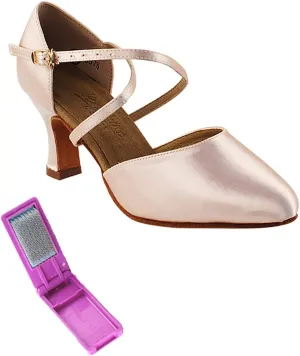 Very Fine Dance Shoes - Ladies Standard, Smooth, Waltz Ballroom Dance Shoes - C9691-2.5-inch Heel and Foldable Brush Bundle - Flesh Satin - 8.5