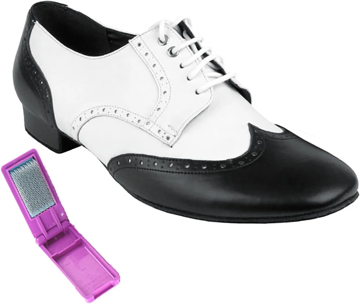 Very Fine Dance Shoes - Mens Standard, Smooth, Waltz Ballroom Dance Shoes - PP301-1-inch Heel and Foldable Brush Bundle - Black Leather - White Leather - 8