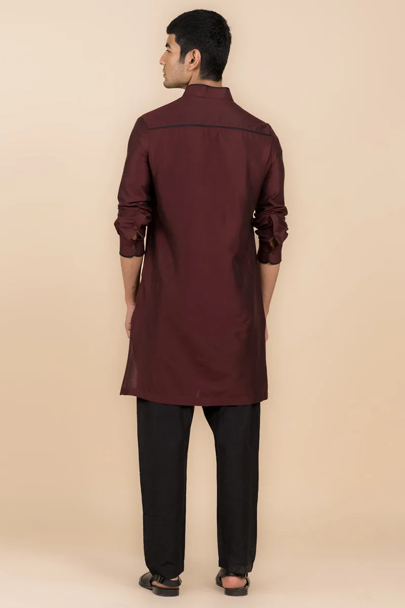 Wine Band Collar Kurta In Contrast Detailing