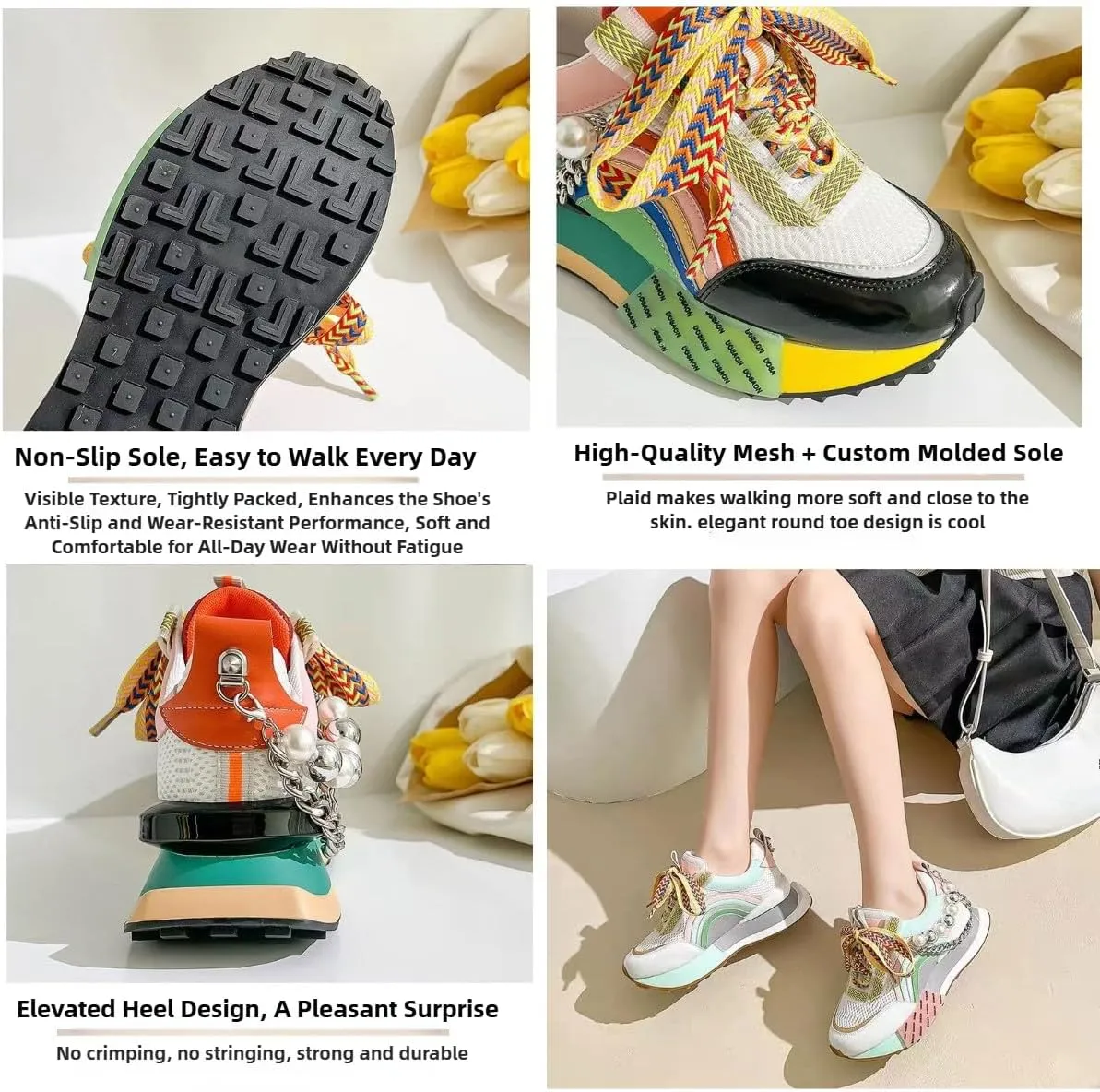 Women's Chunky Sneakers Pearl Chain Platform Dad Shoes Thick Sole Casual Walking Sport Shoes for Girls Back to School