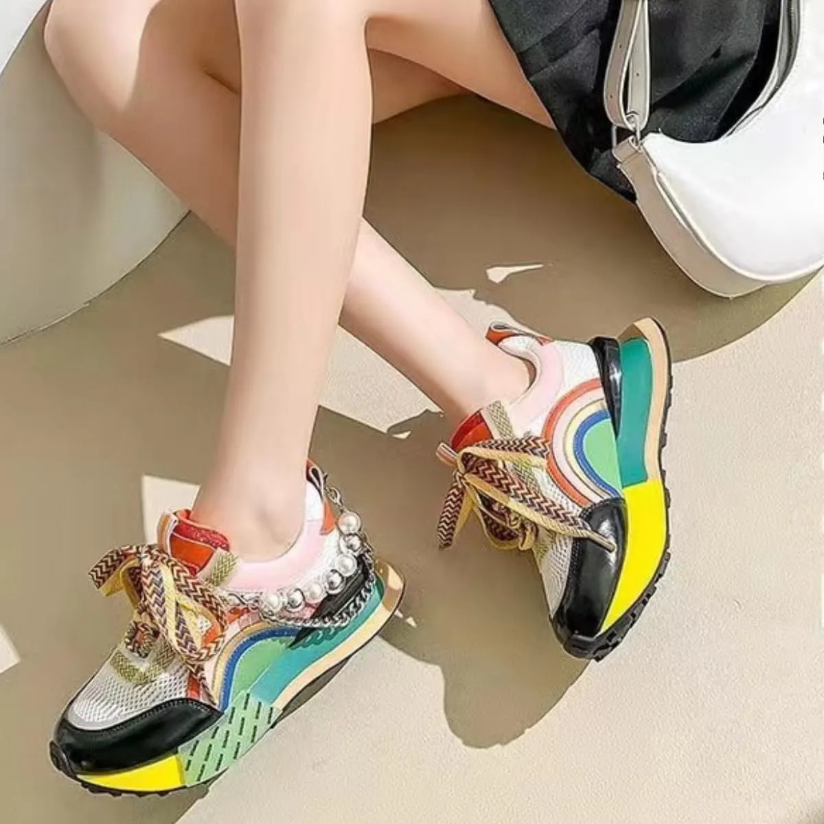 Women's Chunky Sneakers Pearl Chain Platform Dad Shoes Thick Sole Casual Walking Sport Shoes for Girls Back to School
