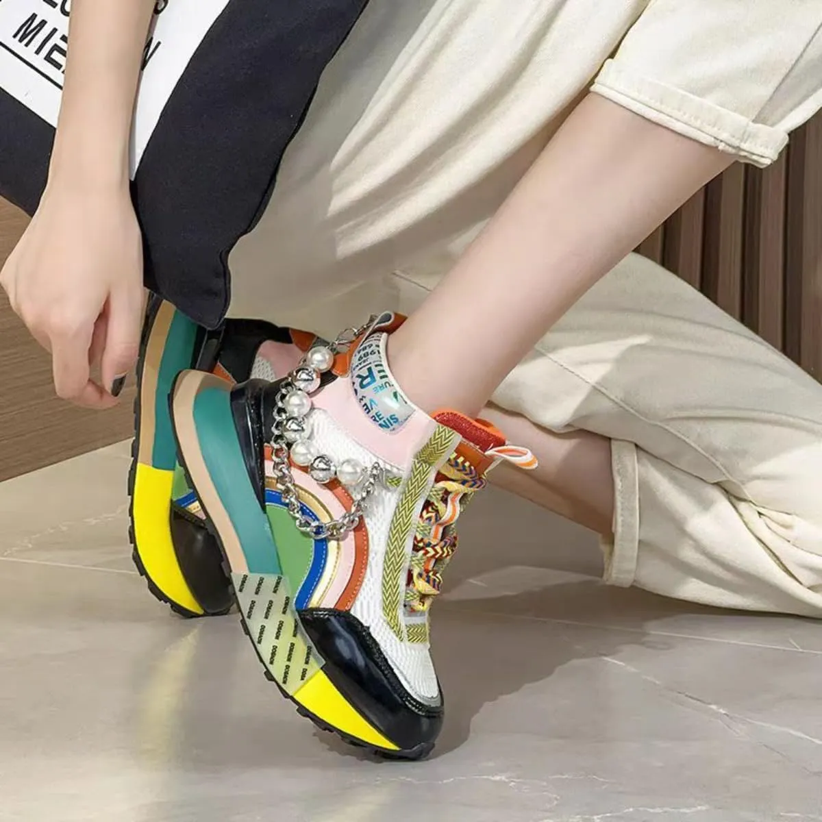 Women's Chunky Sneakers Pearl Chain Platform Dad Shoes Thick Sole Casual Walking Sport Shoes for Girls Back to School