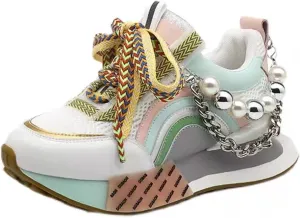 Women's Chunky Sneakers Pearl Chain Platform Dad Shoes Thick Sole Casual Walking Sport Shoes for Girls Back to School