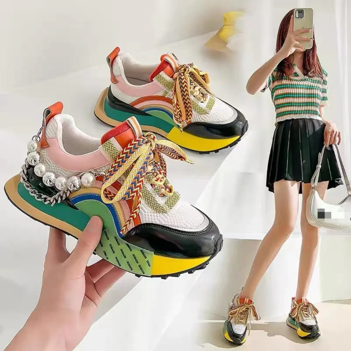 Women's Chunky Sneakers Pearl Chain Platform Dad Shoes Thick Sole Casual Walking Sport Shoes for Girls Back to School