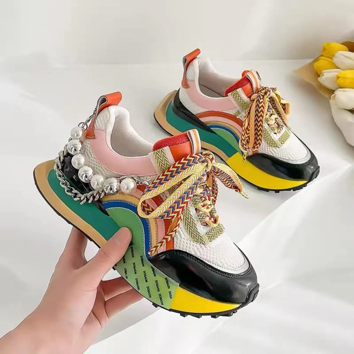 Women's Chunky Sneakers Pearl Chain Platform Dad Shoes Thick Sole Casual Walking Sport Shoes for Girls Back to School