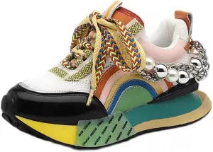 Women's Chunky Sneakers Pearl Chain Platform Dad Shoes Thick Sole Casual Walking Sport Shoes for Girls Back to School