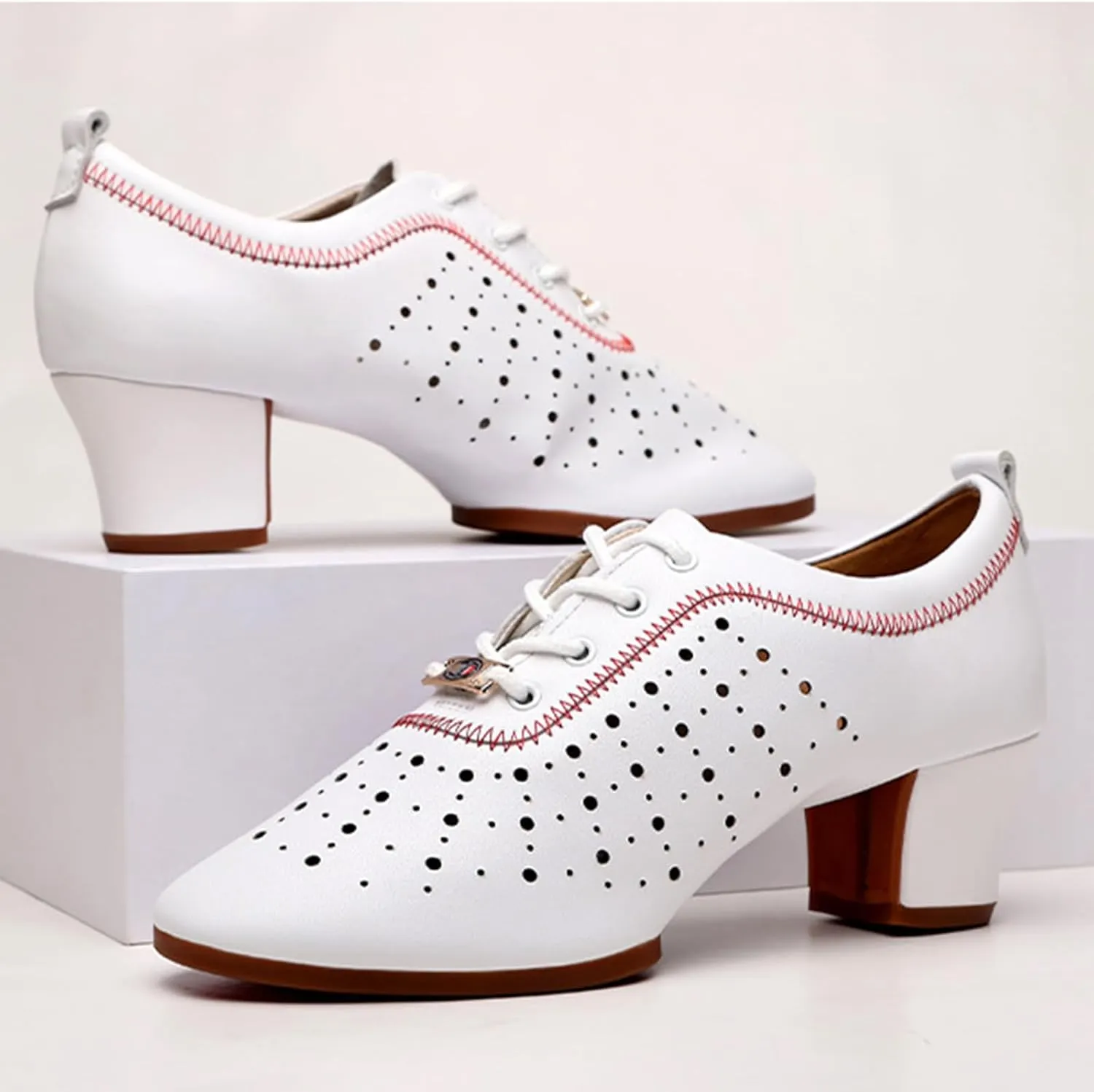 Womens Latin Ballroom Dance Shoes Non-Slip 3.5cm Heel Lace up Modern Dance Sneaker with Split Sole