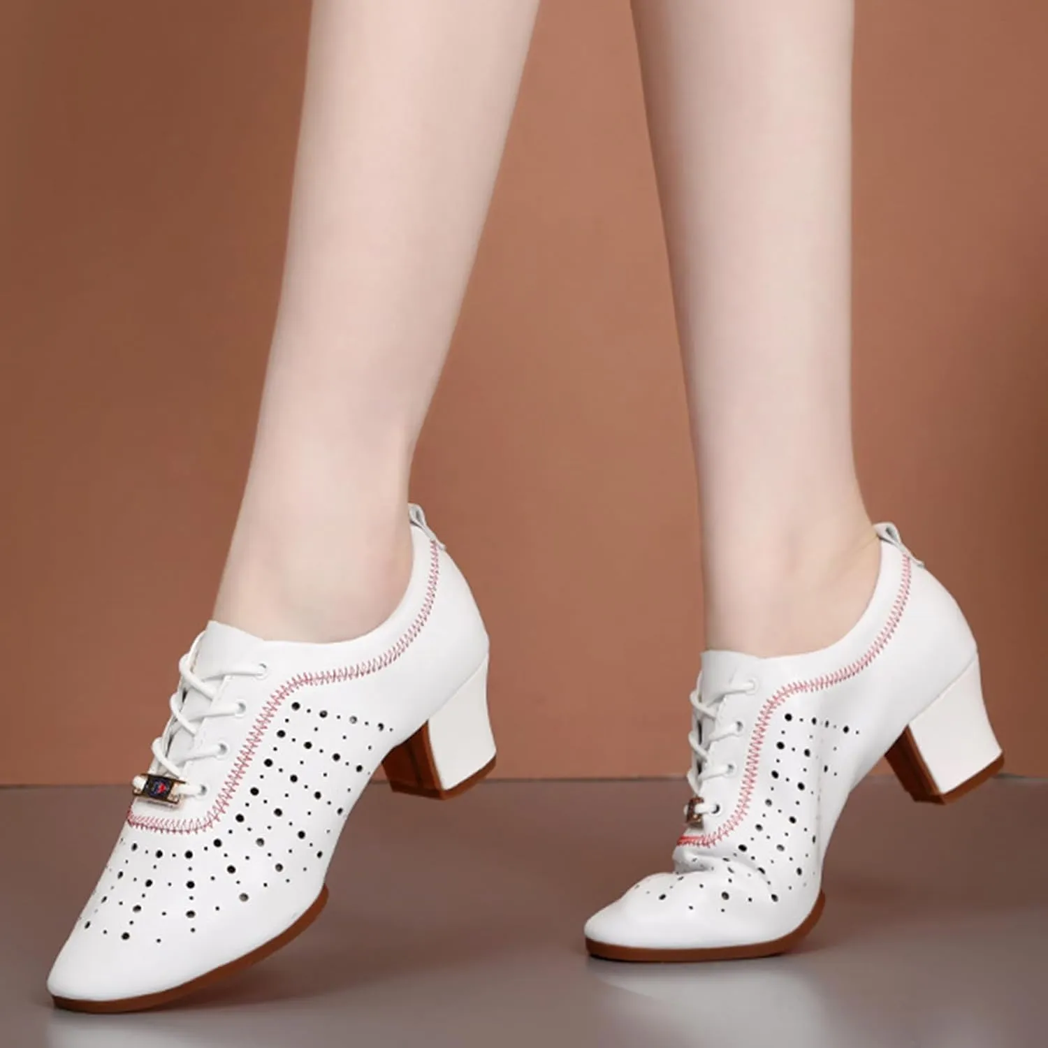 Womens Latin Ballroom Dance Shoes Non-Slip 3.5cm Heel Lace up Modern Dance Sneaker with Split Sole